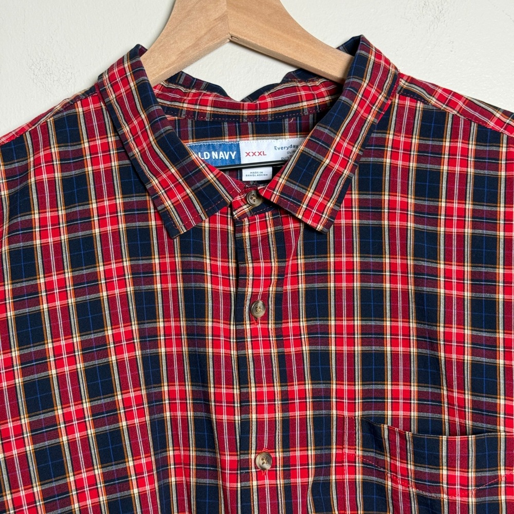 Old Navy Everyday Shirt XXXL Slim Fit Navy Red Plaid Built-In Flex Office Casual